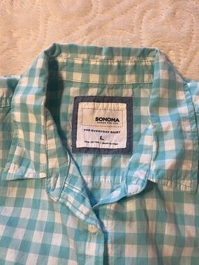 Sonoma Aqua and White Gingham Button-Front Shirt